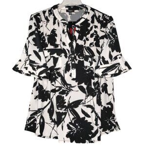 Cocomo Women's Plus Size 1X Black White Floral Print Pintuck Short Sleeve Top